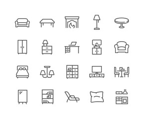 Simple Set of Furniture Related Vector Line Icons. Contains such Icons as Sofa, Table, Floor Light and more. Editable Stroke. 48x48 Pixel Perfect.
