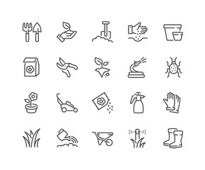 Simple Set of Gardening Related Vector Line Icons. Contains such Icons as Auto Watering, Seeding, Garden Tools and more. Editable Stroke. 48x48 Pixel Perfect.