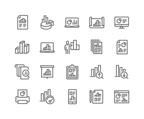 Simple Set of Graph Related Vector Line Icons. Contains such Icons as Report, Abstract Chart Presentation, Increase - Decrease Graph and more. Editable Stroke. 48x48 Pixel Perfect.