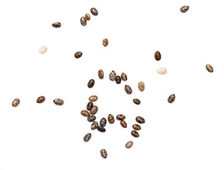 Chia seeds macro isolated on white background, top view