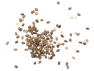 Chia seeds macro isolated on white background, top view