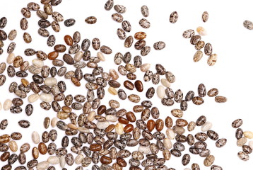 Chia seeds macro isolated on white background, top view