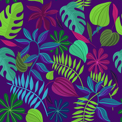 Seamless pattern with tropical leaves. Cartoon Vector Illustration