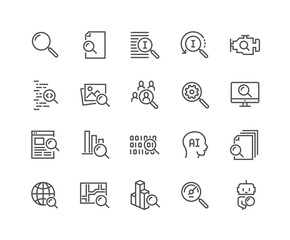 Simple Set of Search Related Vector Line Icons. Contains such Icons as Reverse Indexation, Search Bot, Artificial Intelligence and more. Editable Stroke. 48x48 Pixel Perfect.