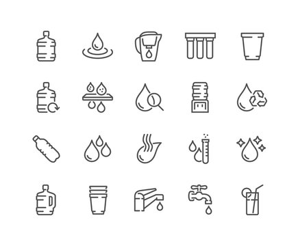 Simple Set of Water Related Vector Line Icons. Contains such Icons as Filter, Moister, Water Tap and more. Editable Stroke. 48x48 Pixel Perfect.