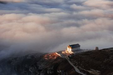 Heavens point. Morning sunlight is going to disperse the fog in this beautiful mountain place