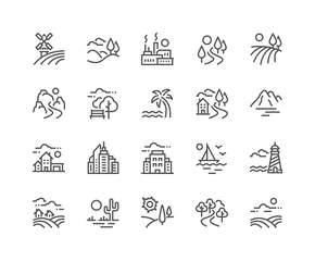Foto op Plexiglas Eenvoudige set van landschap gerelateerde Vector lijn iconen. Bevat iconen als boerderij, megapolis, woestijn en meer. Bewerkbare lijn. 48x48 pixelperfect. © davooda