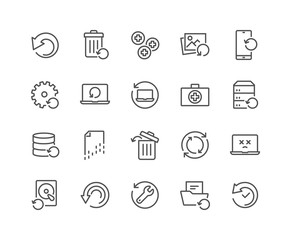 Simple Set of Recovery Related Vector Line Icons. Contains such Icons as Restore Data, Backup, Medikit and more. Editable Stroke. 48x48 Pixel Perfect.