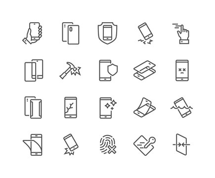 Simple Set of Smartphone Protection Related Vector Line Icons. Contains such Icons as Screen Protector, Delicate Touch, Tempered Glass and more. Editable Stroke. 48x48 Pixel Perfect.
