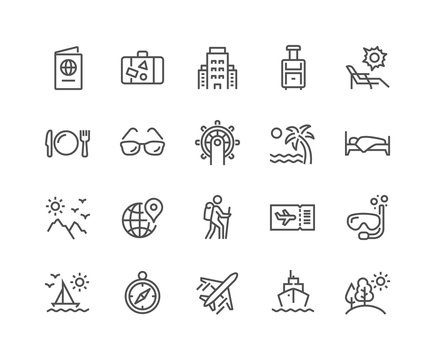 Simple Set of Travel Related Vector Line Icons. Contains such Icons as Luggage, Passport, Sunglasses and more. Editable Stroke. 48x48 Pixel Perfect.