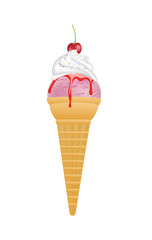 Cherry ice cream in cone, vector