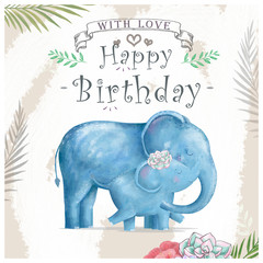 Watercolor baby elephant and mother. Cute Elephants for greeting card, birthday, invite, painting clip art on floral background