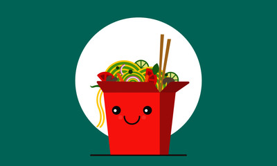 Chinese Noodle Box Character. Oriental Box Container Vector illustration. Chinese Take away box with chopsticks.  Kawaii Character