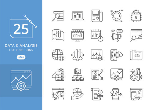 Business Analysis Icons. Simple Set Of Data Analysis Related Vector Line Icons. Data Analytic Icon Set, Included The Icons As Graph, Chart, Filter, Analyst, Research , Growth And More