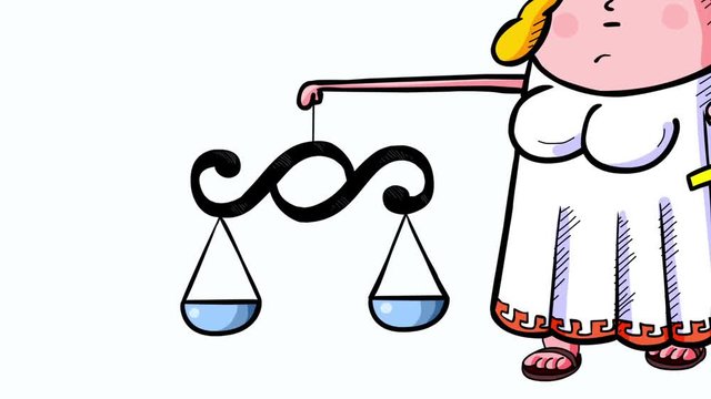 Cartoon Themis walking with paragraph scales and big sword. Law and justice. Simple funny animation good as illustration in film material.
