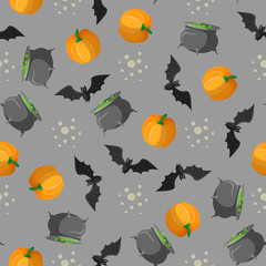 Halloween seamless pattern design with pumpkin, pot with a potion and bat