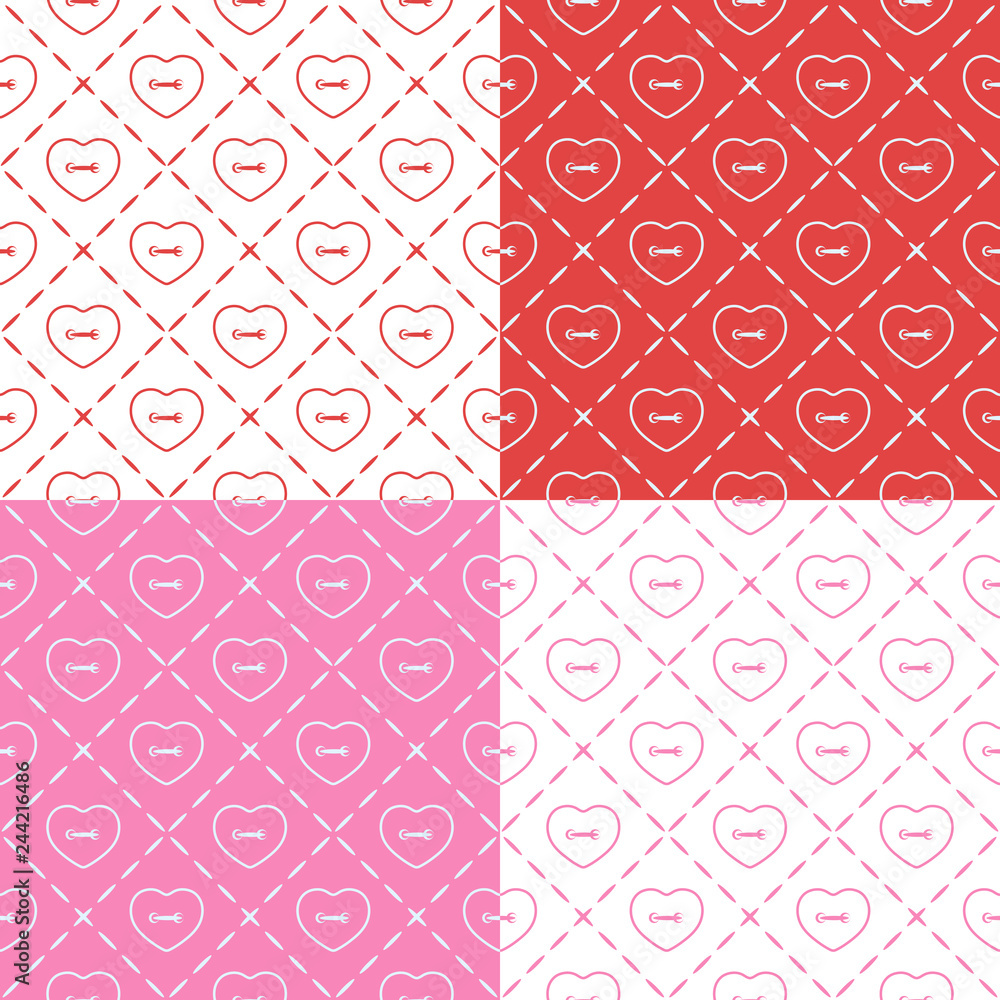 Poster set of seamless patterns with buttons in the shape of a heart. vector backgrounds.
