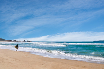 Fototapeta na wymiar Going surfing in Joaquina beach, Florianopolis, Brazil