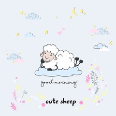 Vector cute cartoon walking sleeping sheep with clouds,stars, heart, hand drawn imitation, drawn with a tablet, fairytale, isolated