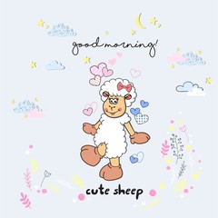 Vector cute cartoon walking sleeping sheep with clouds,stars, heart, hand drawn imitation, drawn with a tablet, fairytale, isolated