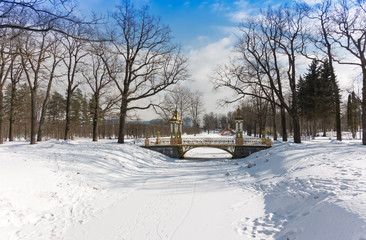 Small Chinese bridge winter day in a snowy Alexander park in Pushkin (Tsarskoye Selo), near Saint...