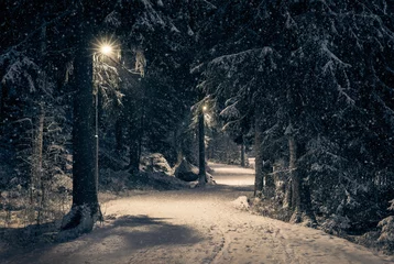 Printed roller blinds Road in forest Moody landscape with snow path and light at winter evening in Finland