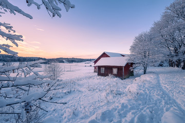 Abandoned house with snowy landscape and sunset at winter evening in Finland - 244218011