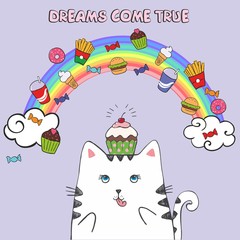 White fat cat in the sky with fast food. Dreams come true. Vector illustration. Fairy tale character on the background of the rainbow and clouds 