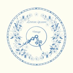 Vector floral pattern abstract decorative floral clock made from blue flowers on an light yellow background