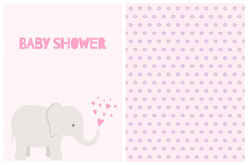 Vector illustration with cartoon elephant and inscription "baby shower" and seamless pattern with flowers.
