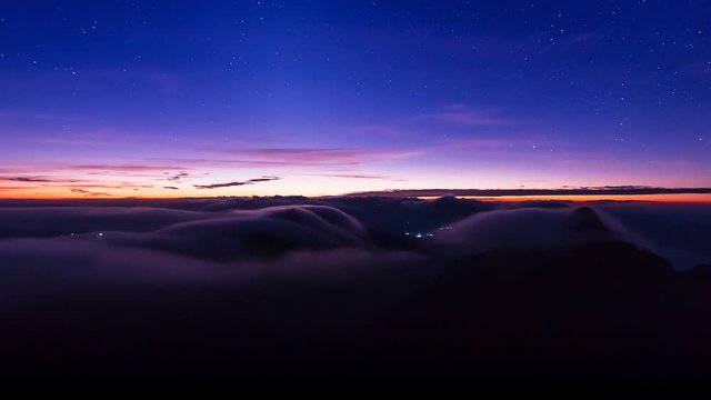Night Scene Mist Floating Over Mountains Of Doi Luang Chiang Dao Landmark Nature Travel Place Of Chiang Mai, Thailand 4K Time Lapse