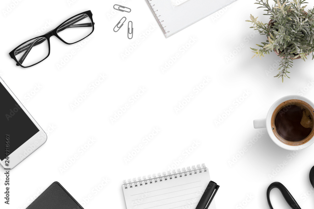 Aufkleber office desk with accessories. flat lay, top view composition with copy space in the middle.