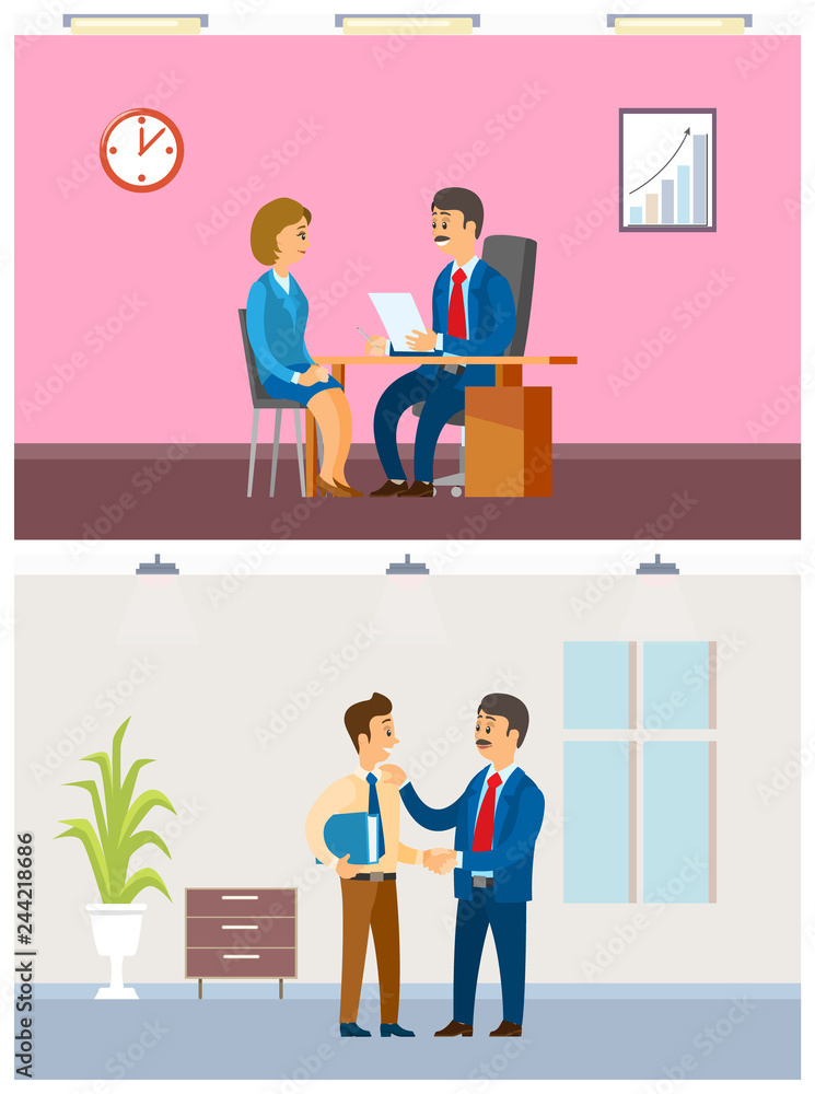 Poster job interview and working task, office routine