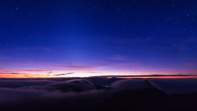 Night Scene Mist Floating Over Mountains Of Doi Luang Chiang Dao Landmark Nature Travel Place Of Chiang Mai, Thailand 4K Time Lapse (tilt up)