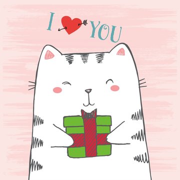Vector illustration of hand drawn sketch cartoon white cat hugs gift on scratched grunge pink background peeking out from image corner with lettering I love you