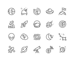 Simple Set of Space Related Vector Line Icons. Contains such Icons as Observatory, Planet Earth, Alien and more. Editable Stroke. 48x48 Pixel Perfect. © davooda.com