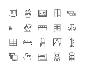 Simple Set of Furniture Related Vector Line Icons. Contains such Icons as Children s Bed, Sofa, Hanger and more. Editable Stroke. 48x48 Pixel Perfect.