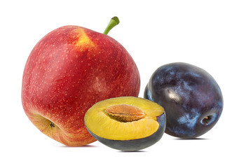Fresh red apple and plum  isolated on white background with clipping path