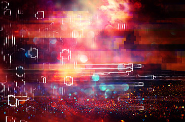 Obraz na płótnie Canvas Futuristic background of the 80s retro style. Digital or Cyber Surface. neon lights and geometric pattern , test screen glitch