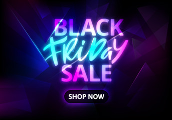 Black Friday Sale Banner. Neon Text on Dark Background. Vector Advertising Illustration