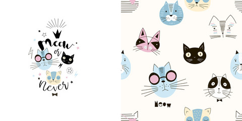 Graphic set of typographic illustration and seamless pattern with funny cartoon cats heads. Cool kids vector graphic for apparel t-shirt print, textile, poster cardmaking and other surface pattern