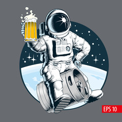Astronaut sits on a beer keg and holds a beer mug. Comic style vector illustration. © ledokol.ua