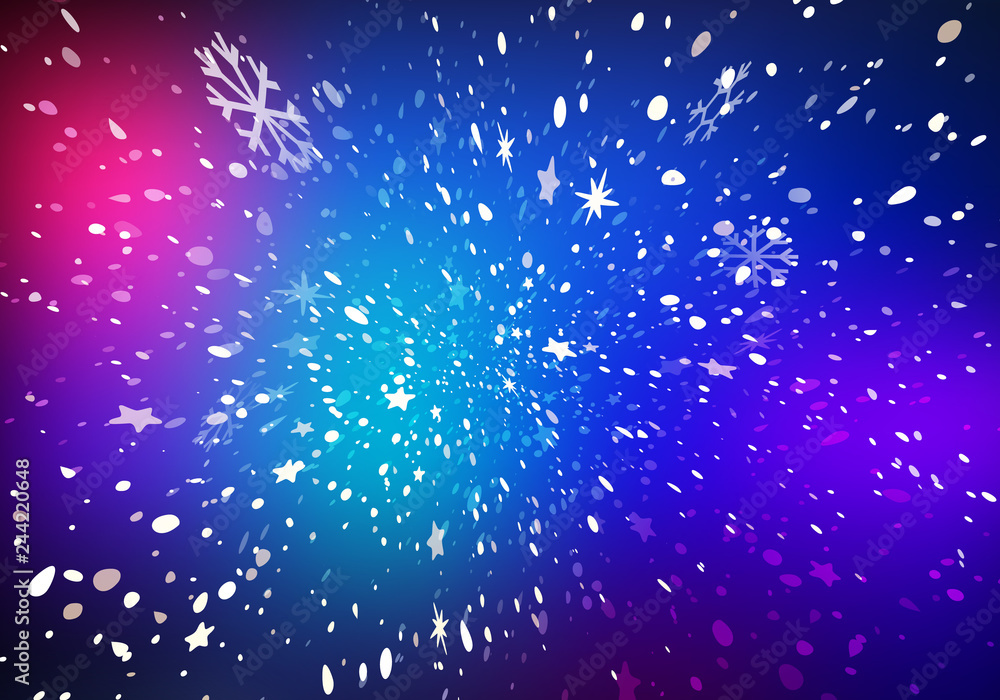 Poster blurry lights background with falling snow. abstract colorful winter bg
