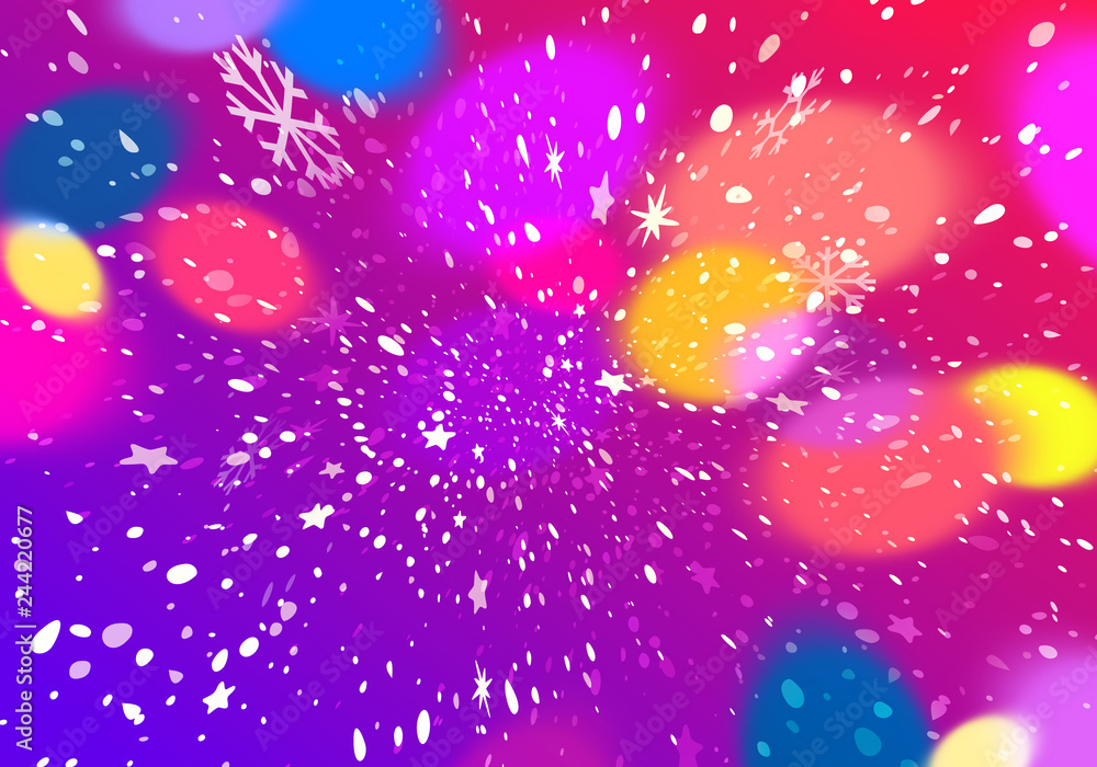 Poster bright colorful banner with bokeh lights and falling snow.