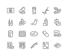 Simple Set of Medical Drugs Related Vector Line Icons. Contains such Icons as Prescription, Inhaler, Pill and more. Editable Stroke. 48x48 Pixel Perfect.
