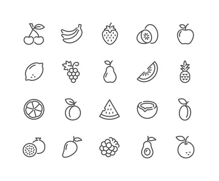 Simple Set of Fruits Related Vector Line Icons. Contains such Icons as Strawberry, Orange, Watermelon and more. Editable Stroke. 48x48 Pixel Perfect.