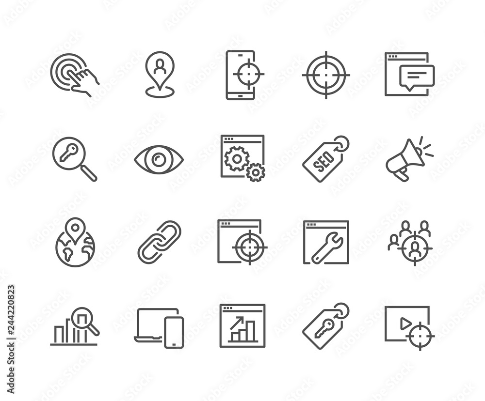Poster simple set of seo related vector line icons. contains such icons as target, watch list, website stat