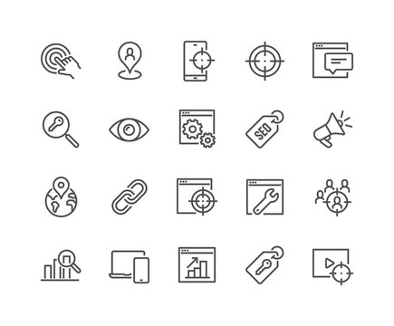 Simple Set of SEO Related Vector Line Icons. Contains such Icons as Target, Watch List, Website Stats and more. Editable Stroke. 48x48 Pixel Perfect.