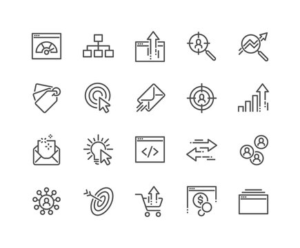 Simple Set of SEO Related Vector Line Icons. Contains such Icons as Increase Sales, Traffic Management, Social Networks and more. Editable Stroke. 48x48 Pixel Perfect.