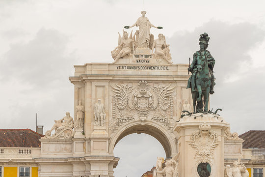 Statue Of King Joseph I And The Triumphal Arch In Commerce Square In Lisbon